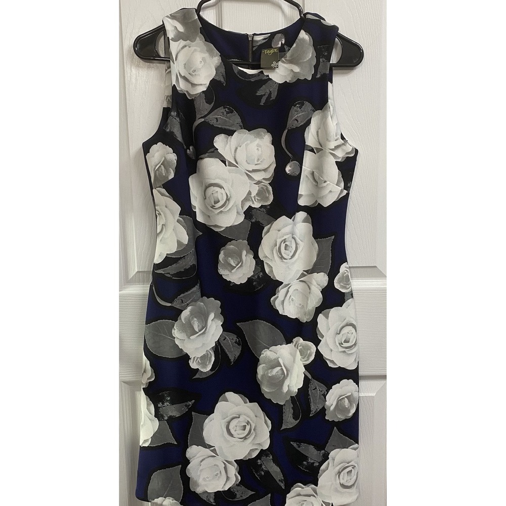 Taylor‎ Womens Sleeveless Sheath Stretch dress Navy W/white Flowers Wedding Sz 8